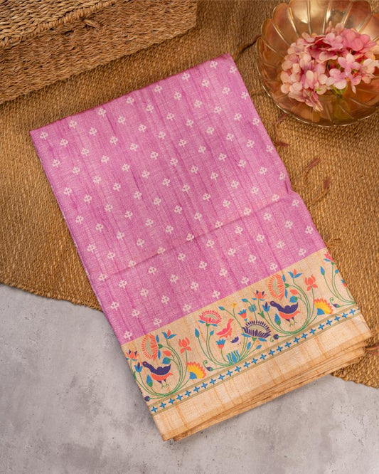Lilac Semi Tassar Silk Saree with off White Paithani Brocade printed Borders & Pallu | Blouse Size 38-44 | Free Shipping