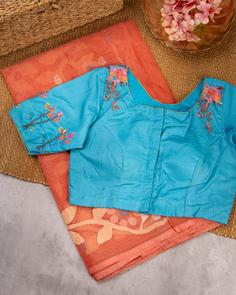 Brick Red Pure Muslin Silk Saree with Handwoven Jamdhani Floral Patterns & Blue Machine Embroidered Blouse | Blouse Size 38-44 | Free Shipping