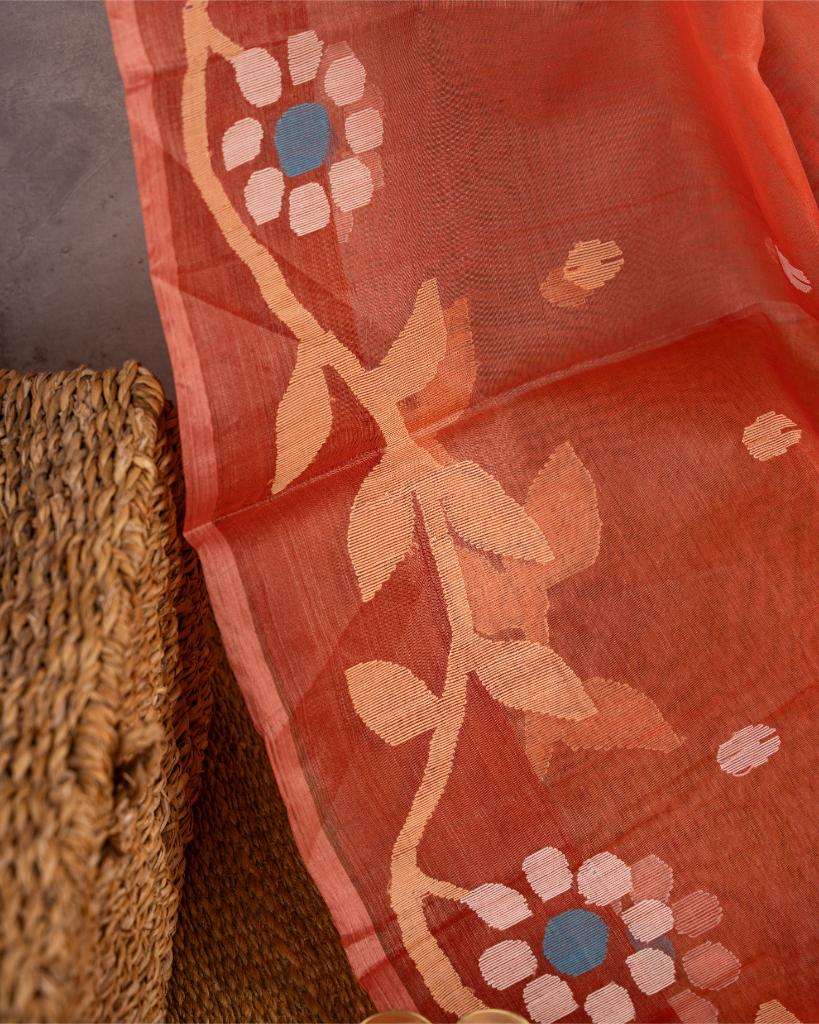 Brick Red Pure Muslin Silk Saree with Handwoven Jamdhani Floral Patterns & Blue Machine Embroidered Blouse | Blouse Size 38-44 | Free Shipping