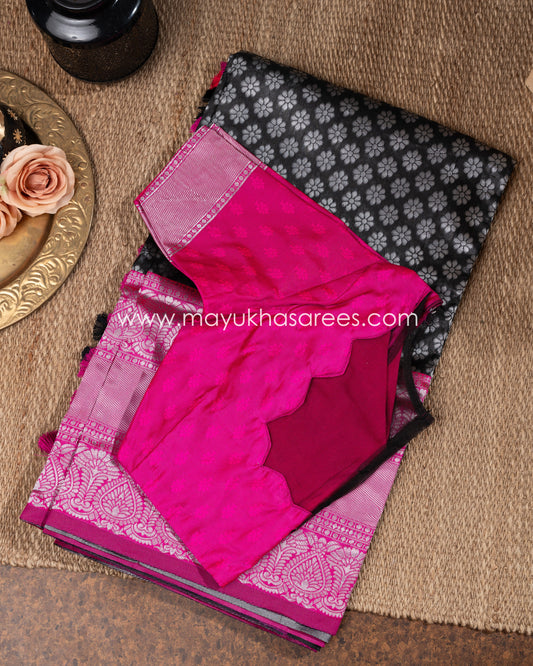 Black And Pink Banarasi Silk Saree Witth Stitiched Blouse