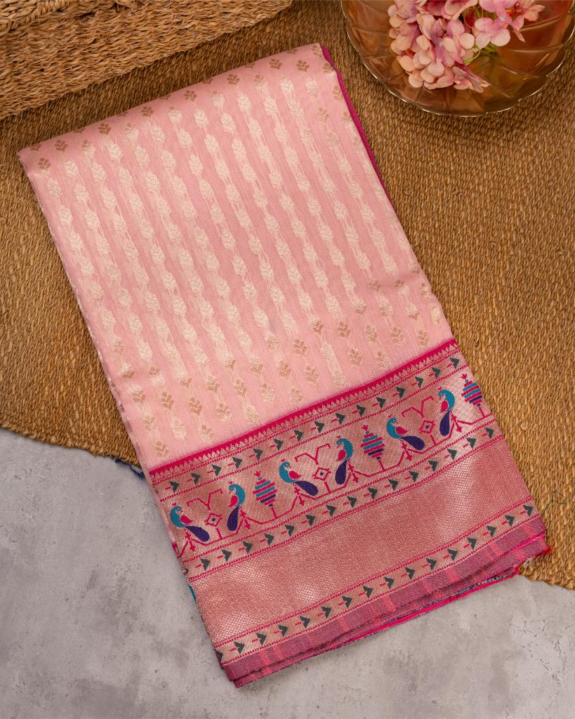 Baby Pink Paithani Brocade pattern weaving  Semi Chanderi Silk Saree with Silver Borders & with Magenta Patterned Blouse | Blouse Size 38-44 | Free Shipping