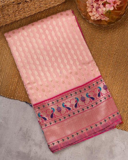 Baby Pink Paithani Brocade pattern weaving  Semi Chanderi Silk Saree with Silver Borders & with Magenta Patterned Blouse | Blouse Size 38-44 | Free Shipping