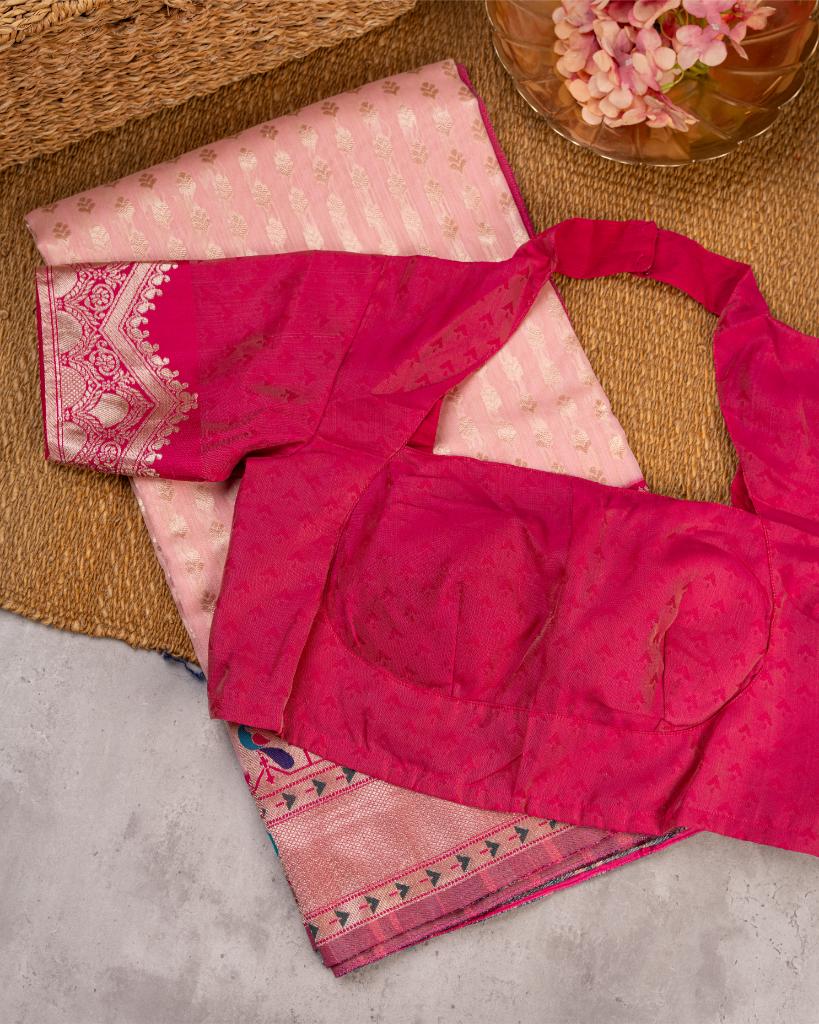 Baby Pink Paithani Brocade pattern weaving  Semi Chanderi Silk Saree with Silver Borders & with Magenta Patterned Blouse | Blouse Size 38-44 | Free Shipping