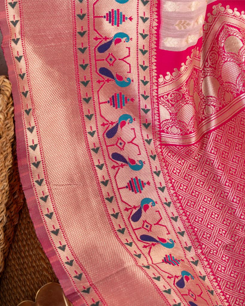 Baby Pink Paithani Brocade pattern weaving  Semi Chanderi Silk Saree with Silver Borders & with Magenta Patterned Blouse | Blouse Size 38-44 | Free Shipping