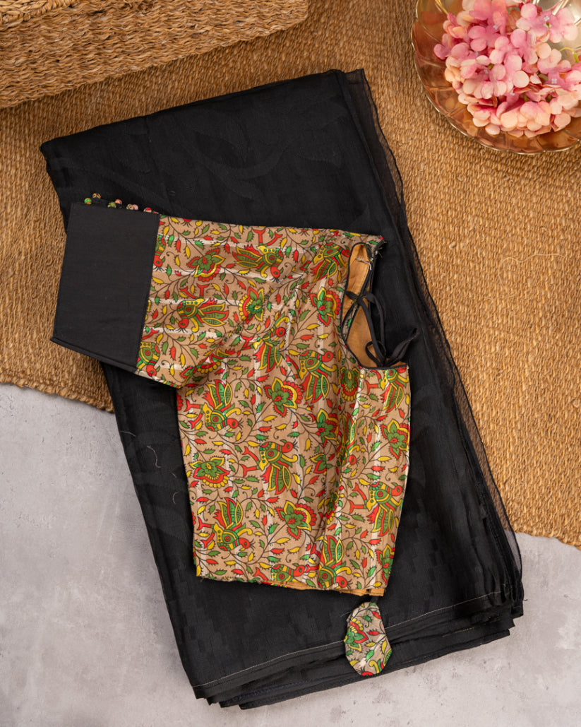 Beautiful Black Bengal Jamdhani Silk Cotton Saree with Self Weaving & Kalamkari Pirnted Blouse | Blouse Size 38-44" | Free Shipping |