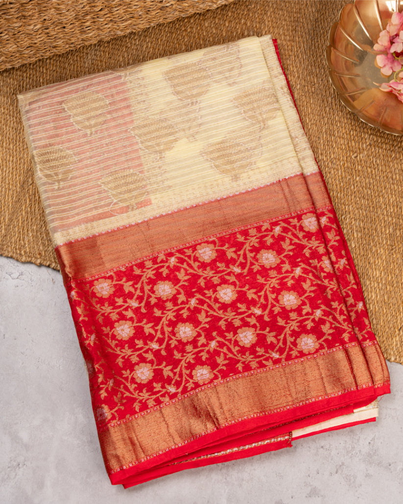 Beige Banarasi Kora Silk Saree with Red meenakari borders & Red Pattern Blouse | Blouse size 38-44" | Free Shipping
