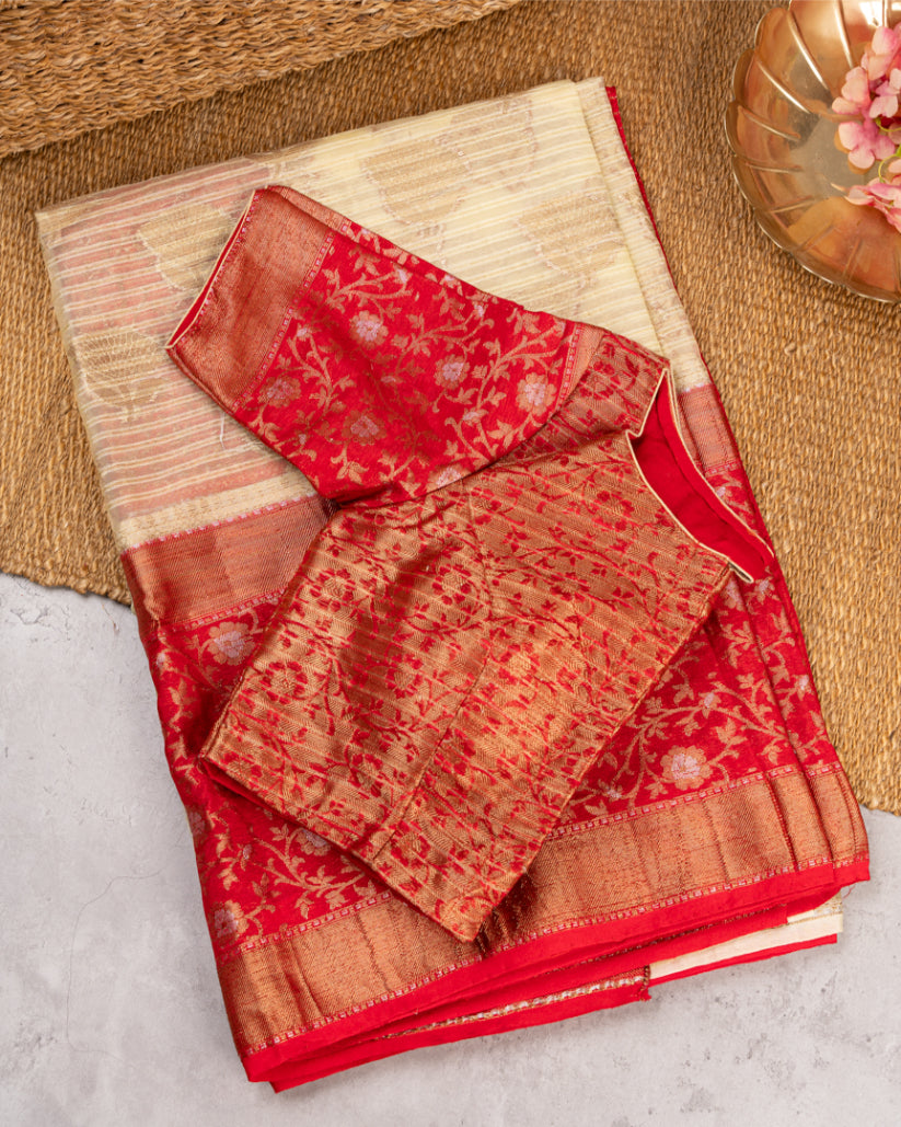 Beige Banarasi Kora Silk Saree with Red meenakari borders & Red Pattern Blouse | Blouse size 38-44" | Free Shipping