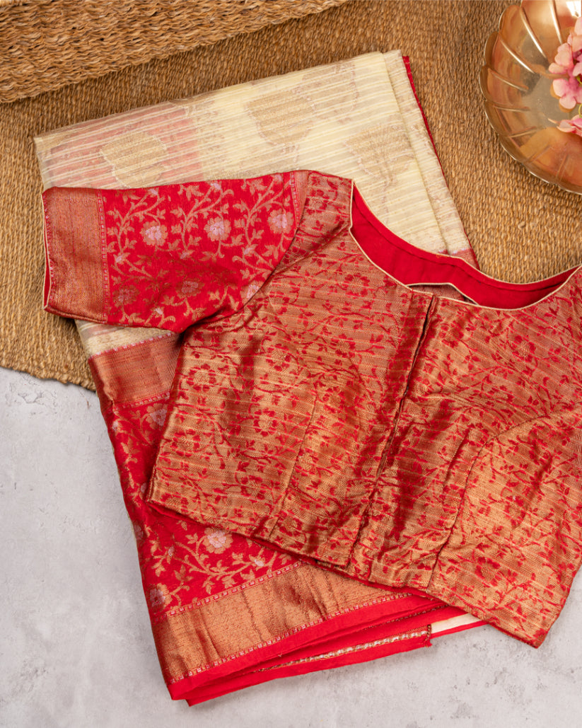 Beige Banarasi Kora Silk Saree with Red meenakari borders & Red Pattern Blouse | Blouse size 38-44" | Free Shipping