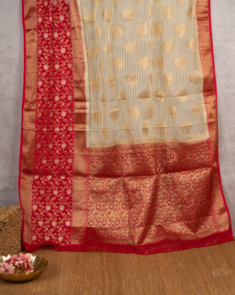 Beige Banarasi Kora Silk Saree with Red meenakari borders & Red Pattern Blouse | Blouse size 38-44" | Free Shipping