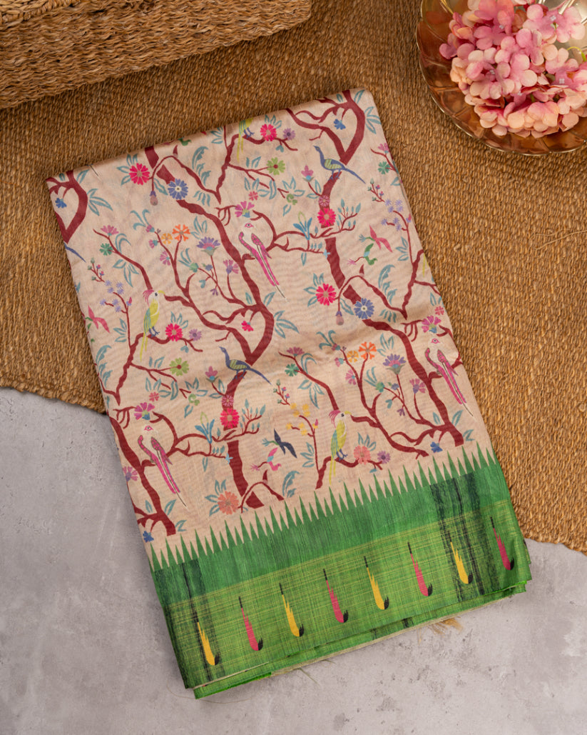 Beige Semi Tassar Silk Saree with Paithani Brocade Green printed Borders & Green Pallu | Blouse Size 38-44” | Free Shipping