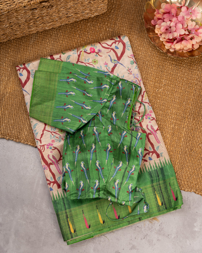 Beige Semi Tassar Silk Saree with Paithani Brocade Green printed Borders & Green Pallu | Blouse Size 38-44” | Free Shipping