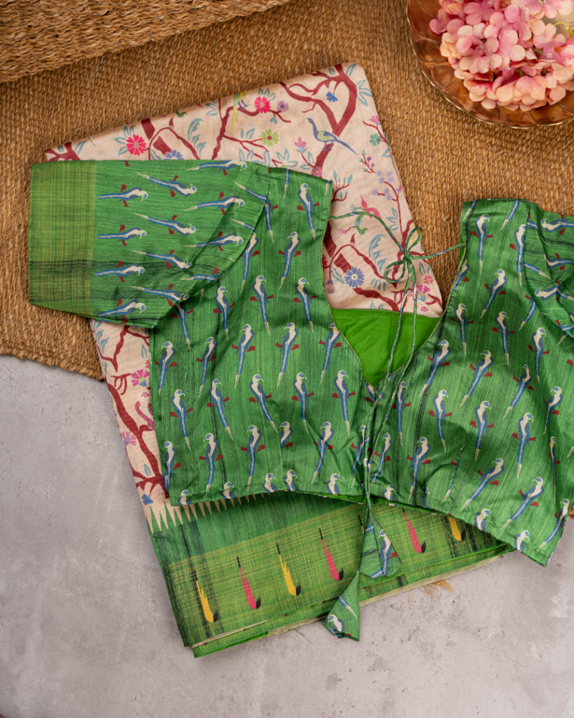 Beige Semi Tassar Silk Saree with Paithani Brocade Green printed Borders & Green Pallu | Blouse Size 38-44” | Free Shipping