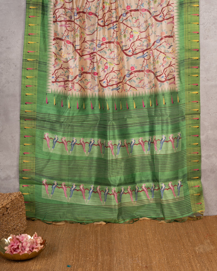 Beige Semi Tassar Silk Saree with Paithani Brocade Green printed Borders & Green Pallu | Blouse Size 38-44” | Free Shipping
