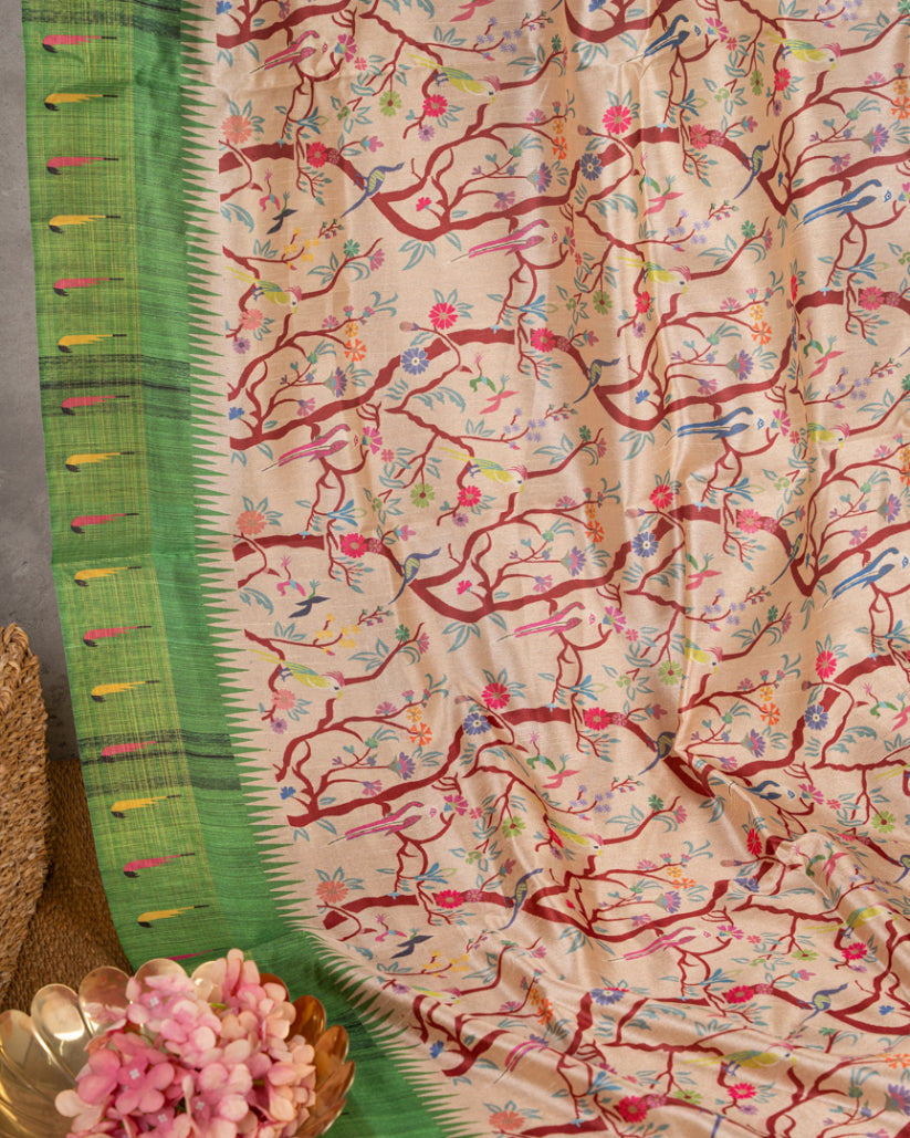 Beige Semi Tassar Silk Saree with Paithani Brocade Green printed Borders & Green Pallu | Blouse Size 38-44” | Free Shipping