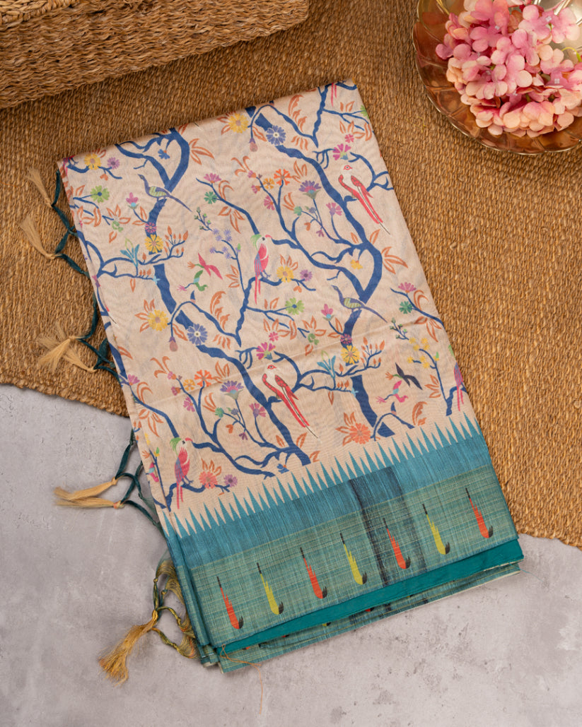 Beige Semi Tassar Silk Saree with Paithani Brocade printed Borders & Blue Pallu | Blouse Size 38-44” | Free Shipping