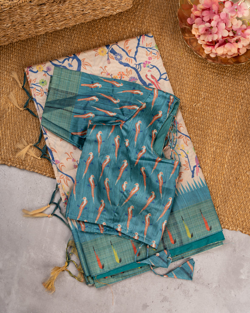 Beige Semi Tassar Silk Saree with Paithani Brocade printed Borders & Blue Pallu | Blouse Size 38-44” | Free Shipping
