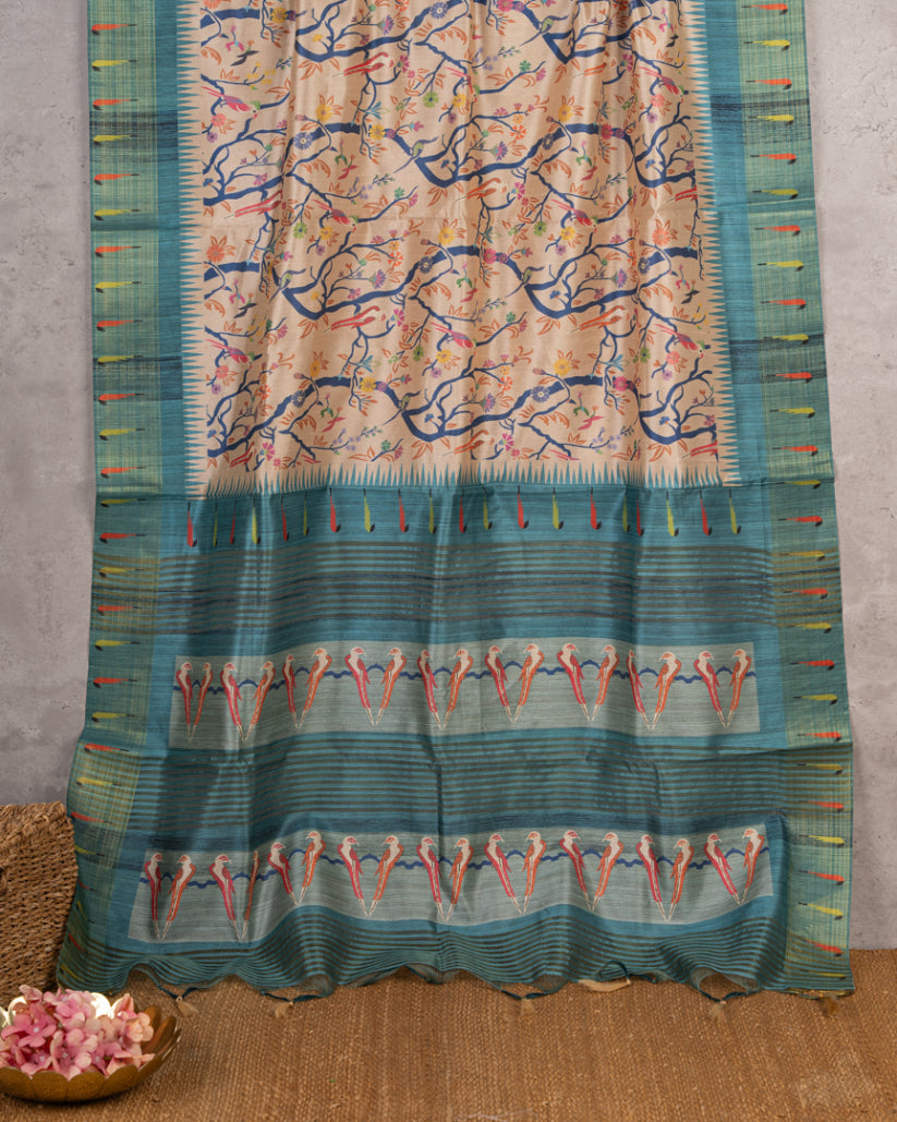 Beige Semi Tassar Silk Saree with Paithani Brocade printed Borders & Blue Pallu | Blouse Size 38-44” | Free Shipping