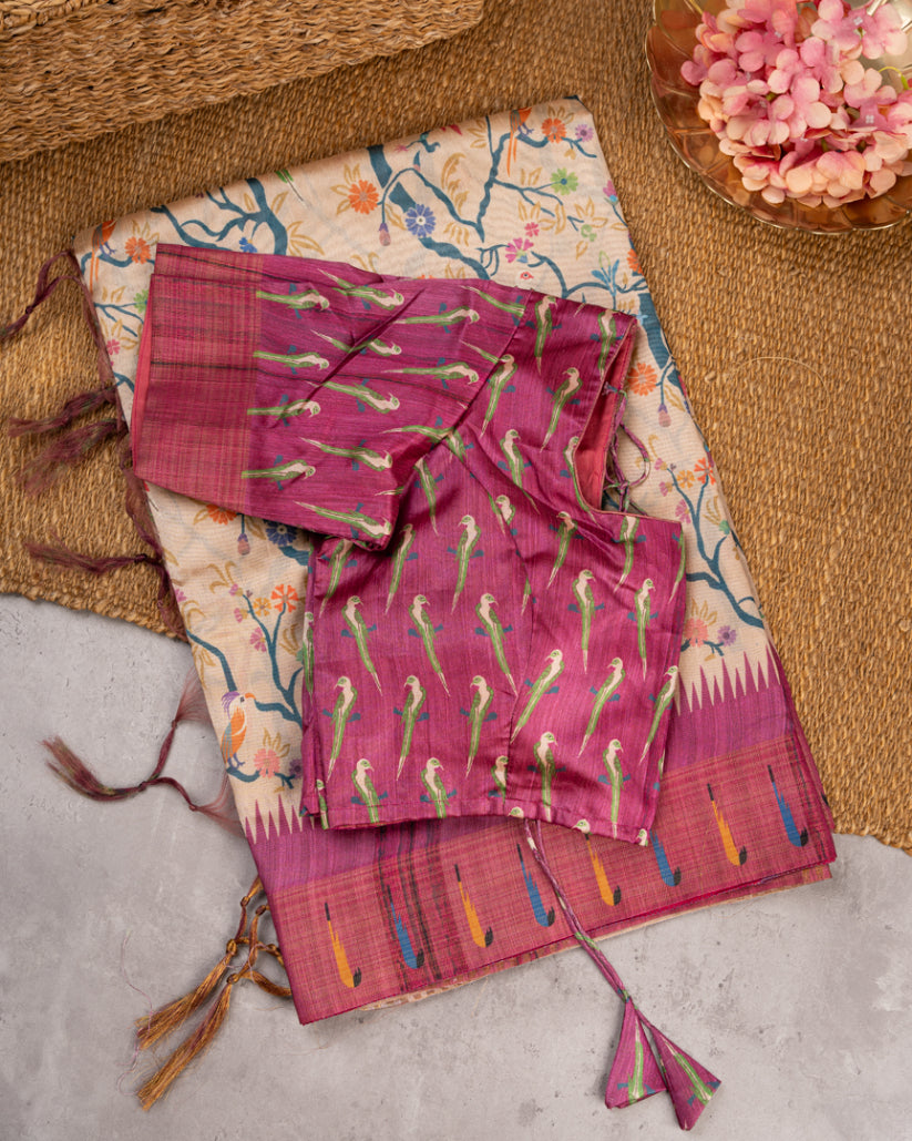 Beige Semi Tassar Silk Saree with Paithani Brocade with Magenta printed Borders & Rust Pallu | Blouse Size 38-44” | Free Shipping