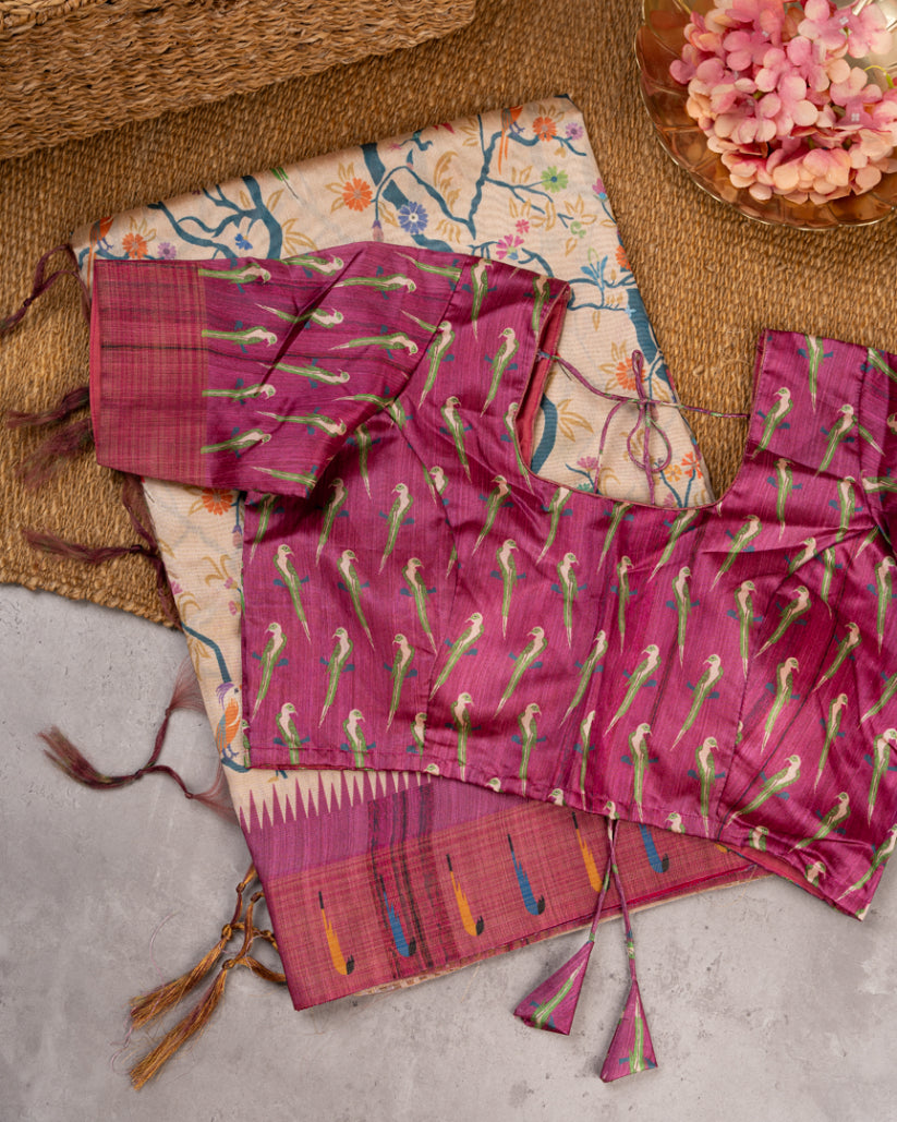 Beige Semi Tassar Silk Saree with Paithani Brocade with Magenta printed Borders & Rust Pallu | Blouse Size 38-44” | Free Shipping