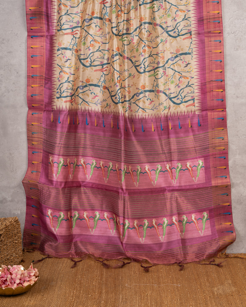 Beige Semi Tassar Silk Saree with Paithani Brocade with Magenta printed Borders & Rust Pallu | Blouse Size 38-44” | Free Shipping