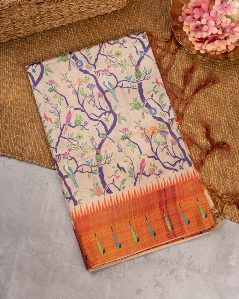 Beige Semi Tassar Silk Saree with Paithani Brocade with Rust printed Borders & Rust Pallu | Blouse Size 38-44” | Free Shipping
