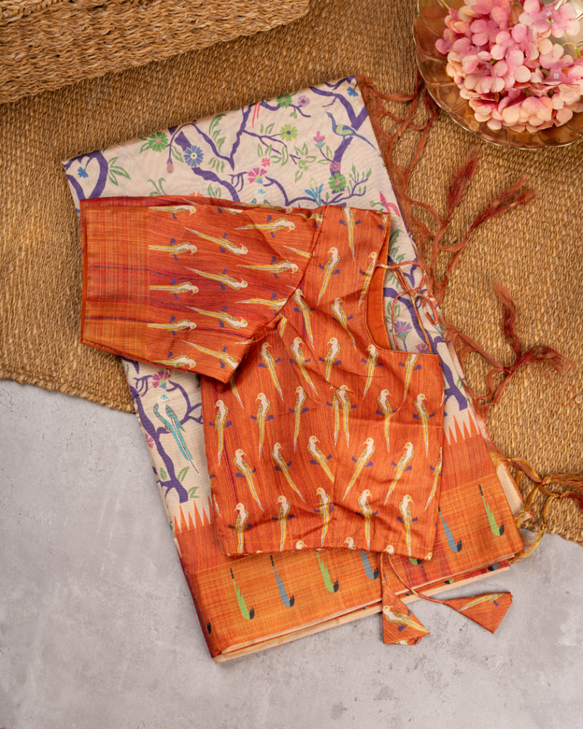 Beige Semi Tassar Silk Saree with Paithani Brocade with Rust printed Borders & Rust Pallu | Blouse Size 38-44” | Free Shipping