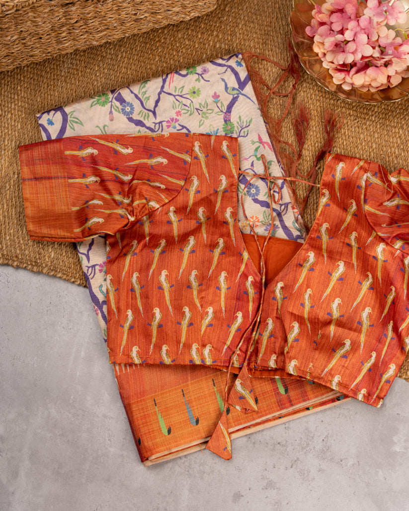 Beige Semi Tassar Silk Saree with Paithani Brocade with Rust printed Borders & Rust Pallu | Blouse Size 38-44” | Free Shipping