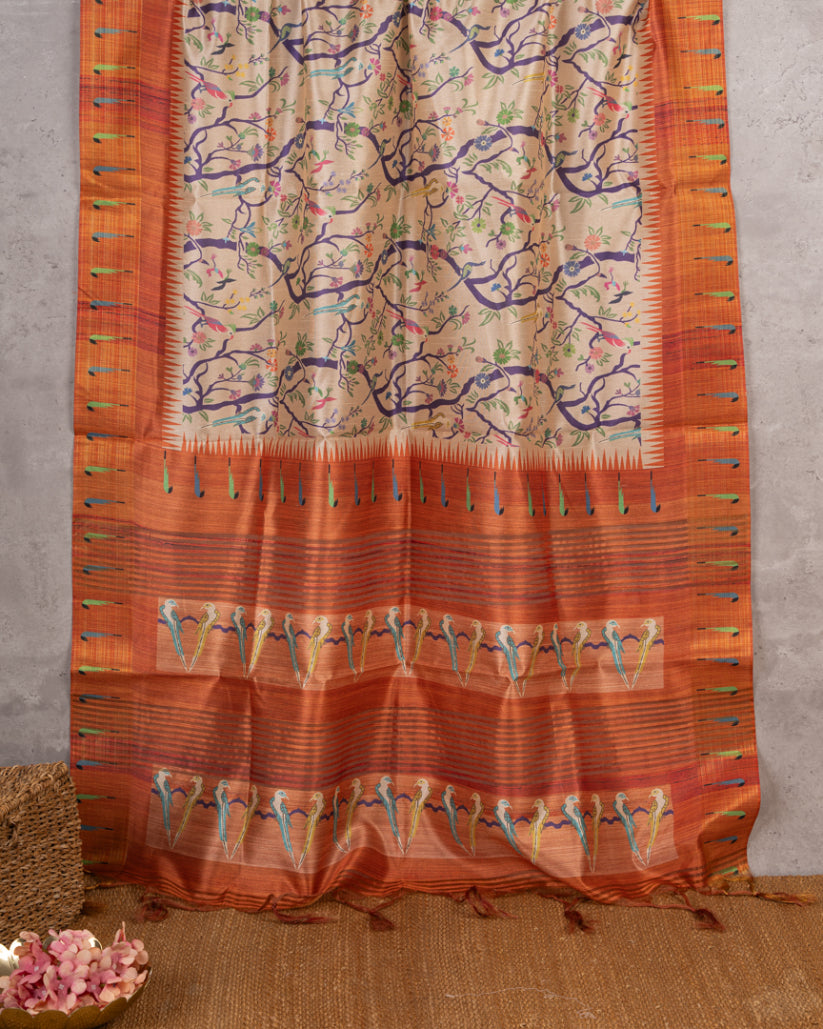 Beige Semi Tassar Silk Saree with Paithani Brocade with Rust printed Borders & Rust Pallu | Blouse Size 38-44” | Free Shipping