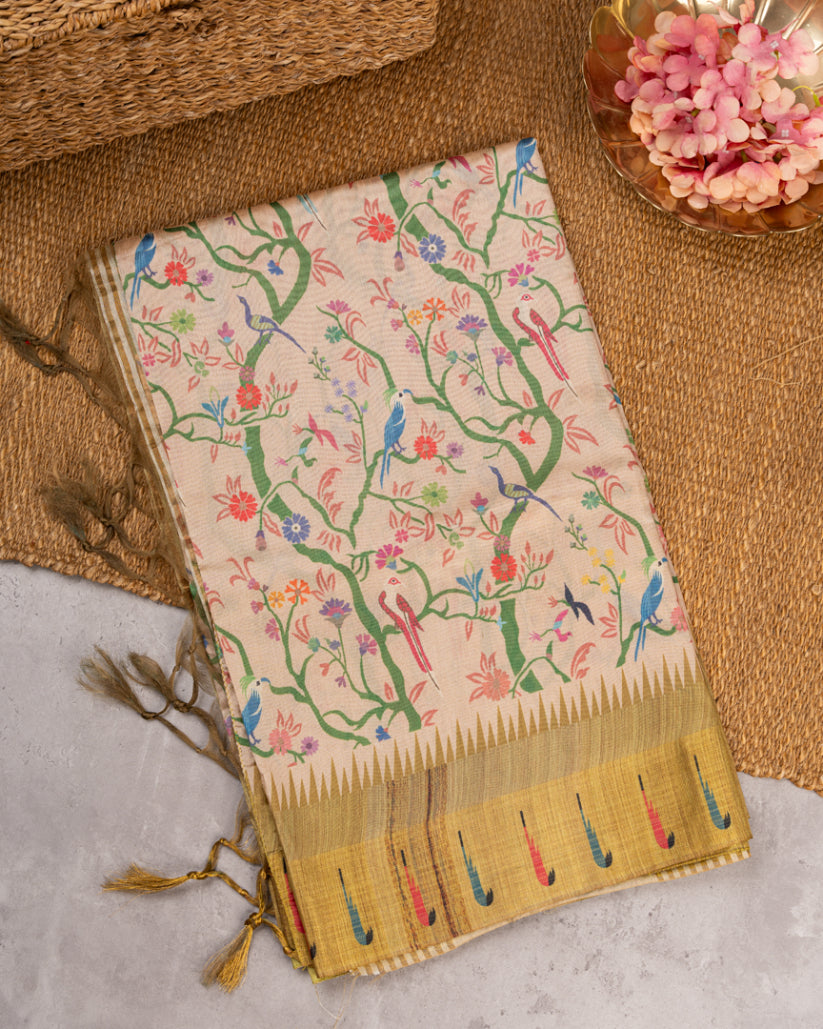Beige Semi Tassar Silk Saree with Paithani Brocade with Tan printed Borders & Tan Pallu | Blouse Size 38-44” | Free Shipping