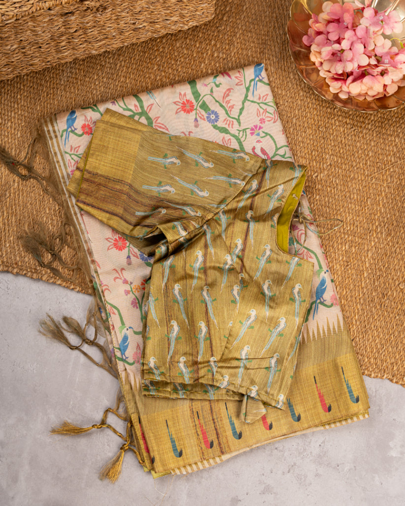 Beige Semi Tassar Silk Saree with Paithani Brocade with Tan printed Borders & Tan Pallu | Blouse Size 38-44” | Free Shipping