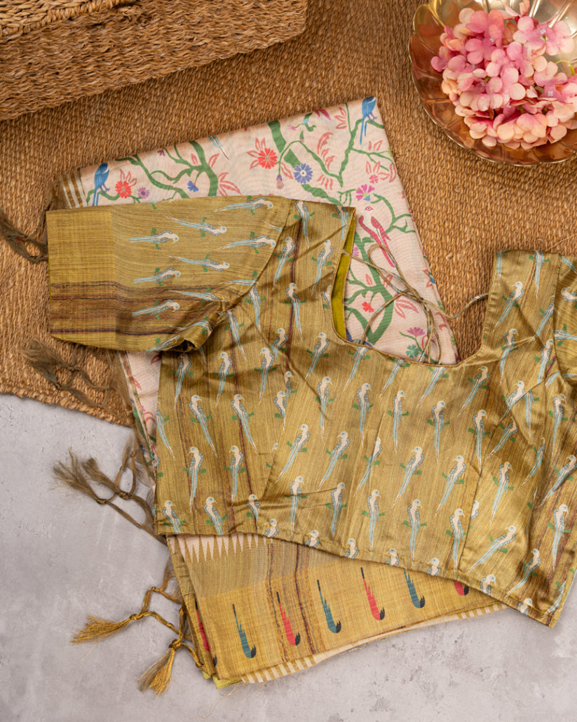 Beige Semi Tassar Silk Saree with Paithani Brocade with Tan printed Borders & Tan Pallu | Blouse Size 38-44” | Free Shipping