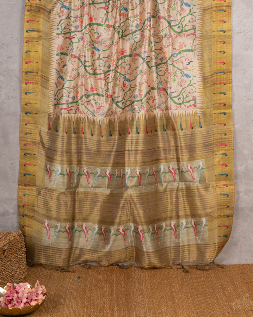 Beige Semi Tassar Silk Saree with Paithani Brocade with Tan printed Borders & Tan Pallu | Blouse Size 38-44” | Free Shipping