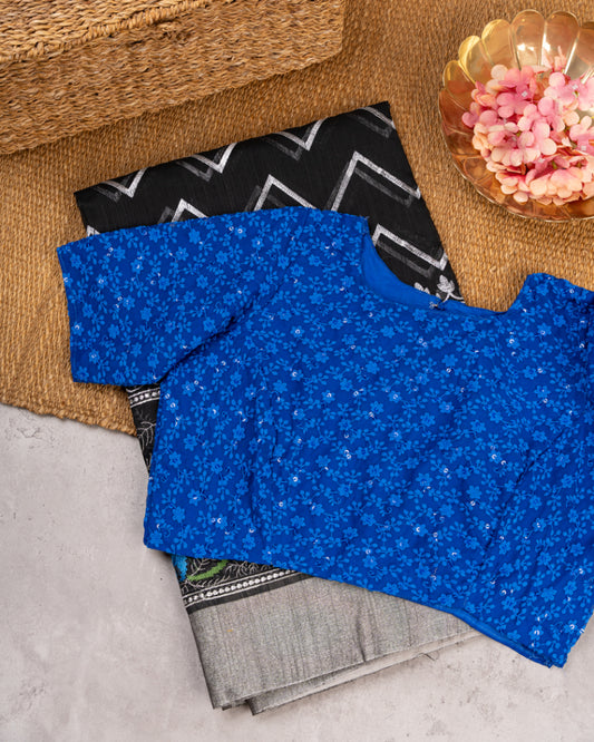 Black Kora Silk with Machine embroidered roses and Silver Borders with Blue Chikankari Blouse | Blouse Size 38-44"| Free Shipping |