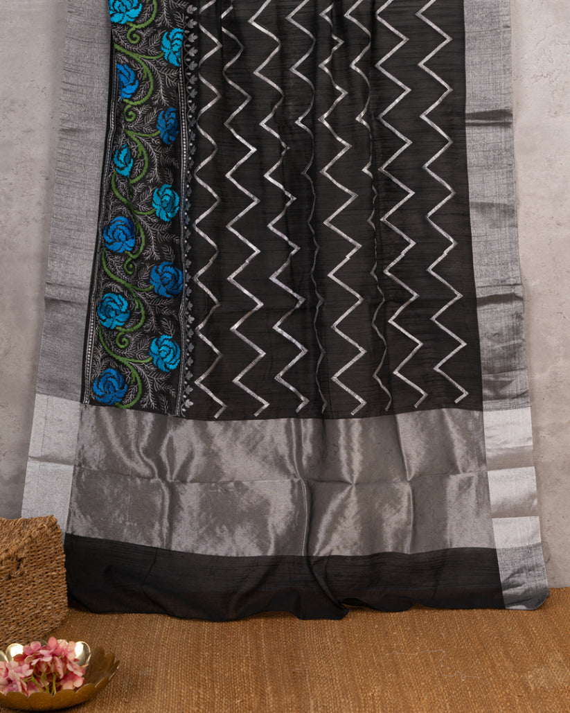 Black Kora Silk with Machine embroidered roses and Silver Borders with Blue Chikankari Blouse | Blouse Size 38-44"| Free Shipping |