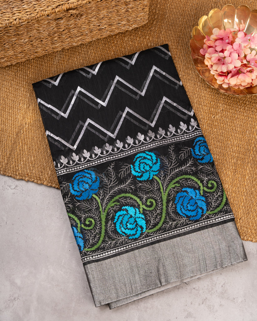 Black Kora Silk with Machine embroidered roses and Silver Borders with Blue Chikankari Blouse | Blouse Size 38-44"| Free Shipping |