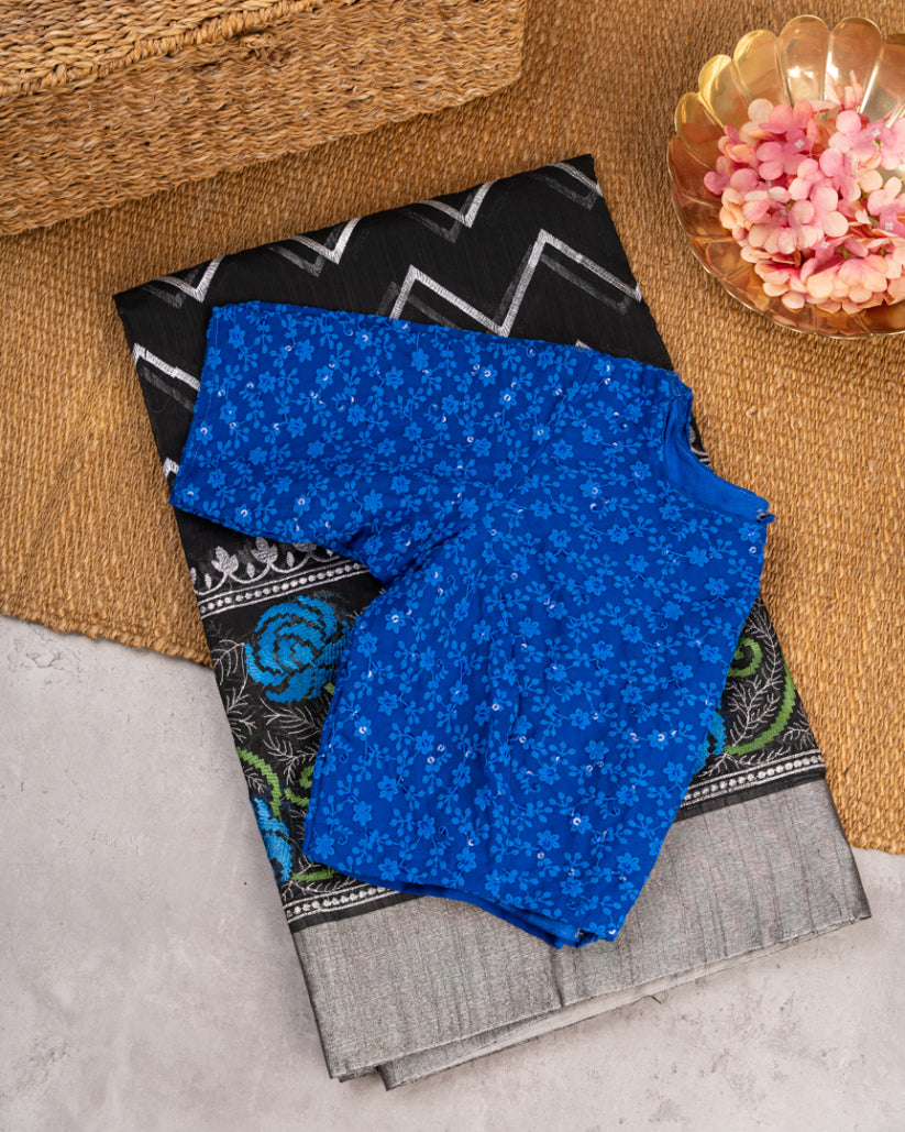 Black Kora Silk with Machine embroidered roses and Silver Borders with Blue Chikankari Blouse | Blouse Size 38-44"| Free Shipping |