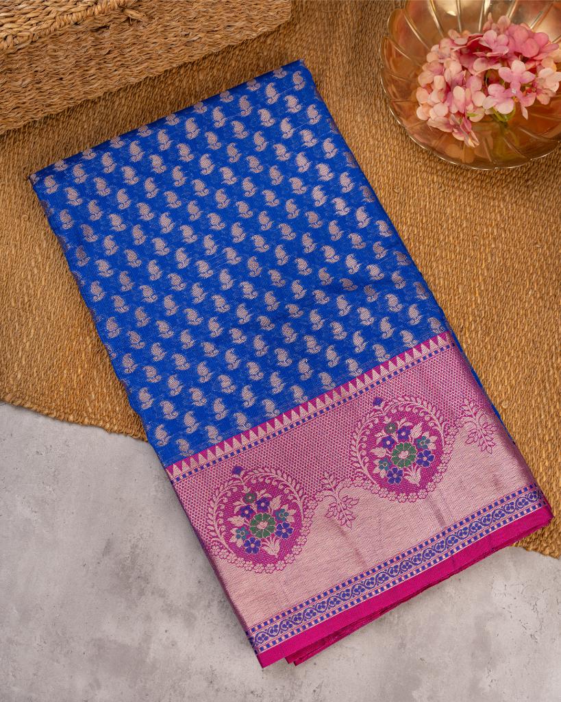 Blue Banarasi Kora Semi Silk Saree with All over Woven Butties and Tifli Borders in Magenta | Blouse Size 38-44 | Free Shipping