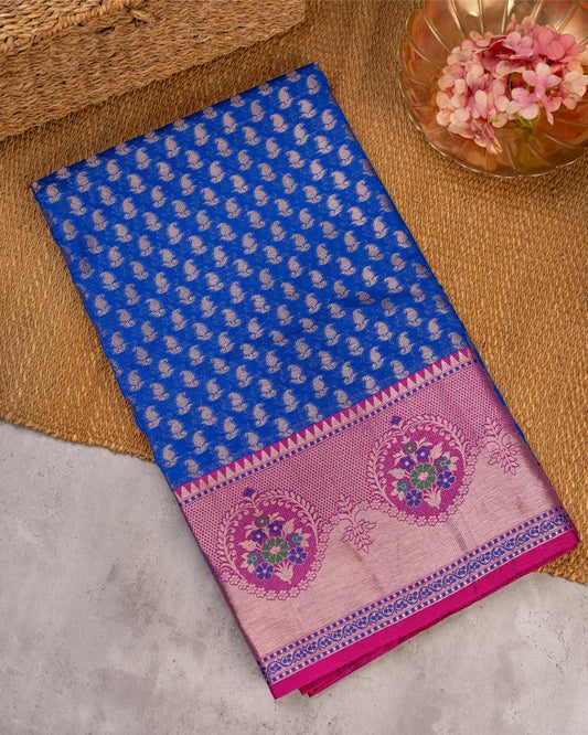 Blue Banarasi Kora Semi Silk Saree with All over Woven Butties and Tifli Borders in Magenta | Blouse Size 38-44 | Free Shipping