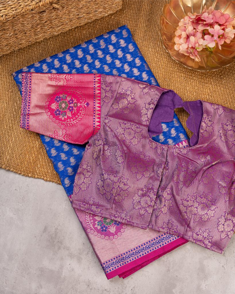 Blue Banarasi Kora Semi Silk Saree with All over Woven Butties and Tifli Borders in Magenta | Blouse Size 38-44 | Free Shipping
