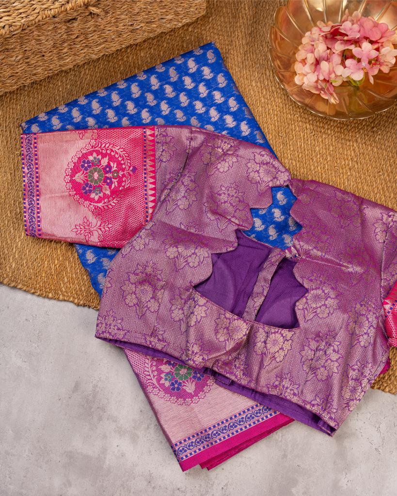 Blue Banarasi Kora Semi Silk Saree with All over Woven Butties and Tifli Borders in Magenta | Blouse Size 38-44 | Free Shipping