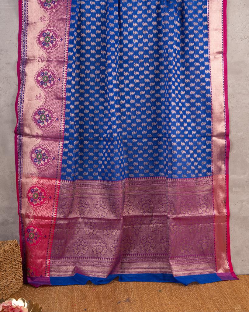 Blue Banarasi Kora Semi Silk Saree with All over Woven Butties and Tifli Borders in Magenta | Blouse Size 38-44 | Free Shipping