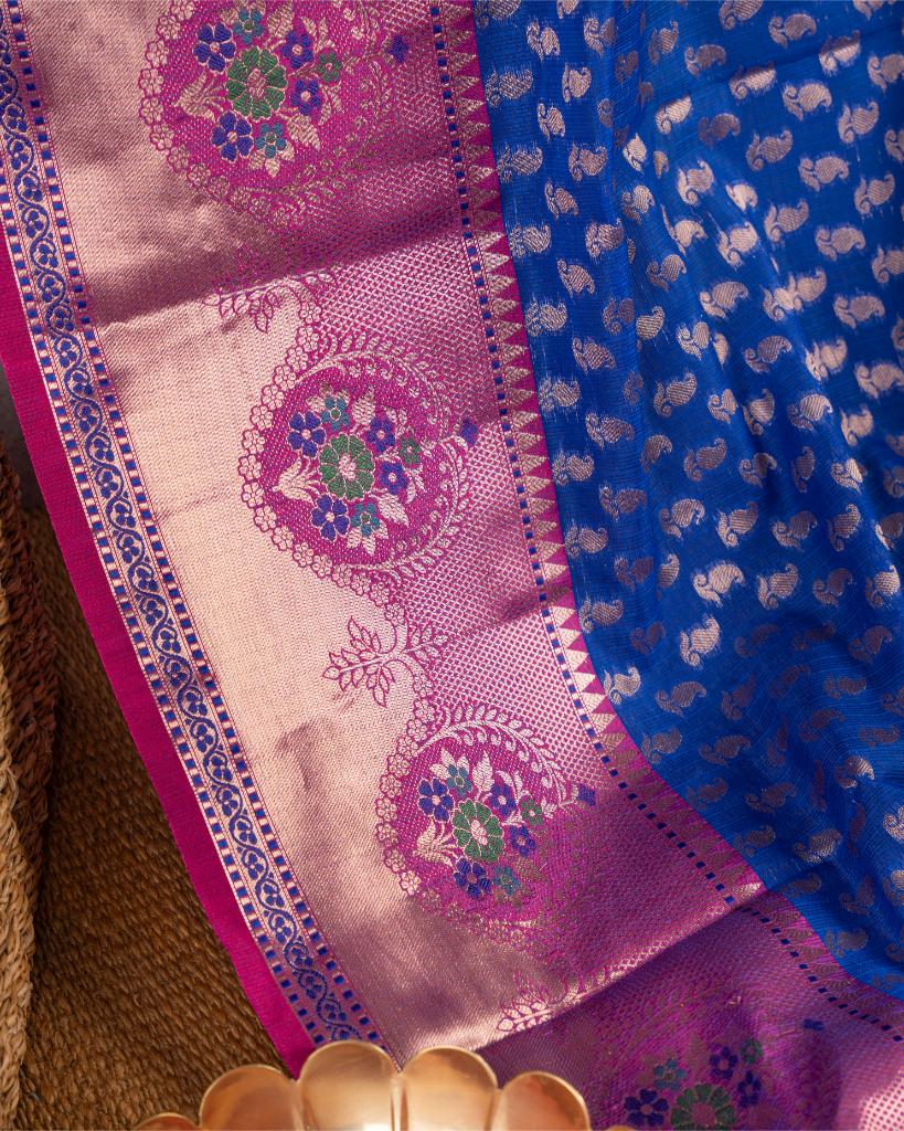 Blue Banarasi Kora Semi Silk Saree with All over Woven Butties and Tifli Borders in Magenta | Blouse Size 38-44 | Free Shipping
