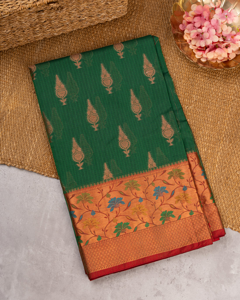 Bottle Green Banarasi Kota Saree with Copper Zari and Kaduwa butties & Tifli Maroon Borders & Maroon Pattern Blouse in Size 38-44' | Free Shipping |