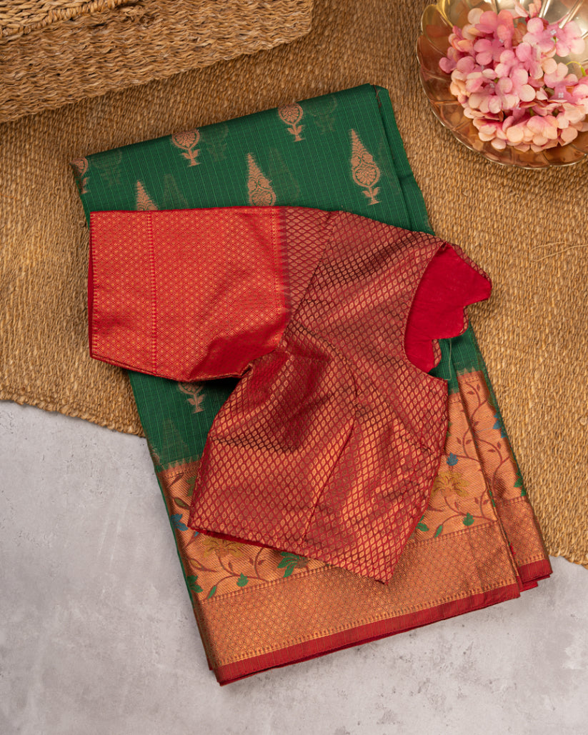 Bottle Green Banarasi Kota Saree with Copper Zari and Kaduwa butties & Tifli Maroon Borders & Maroon Pattern Blouse in Size 38-44' | Free Shipping |