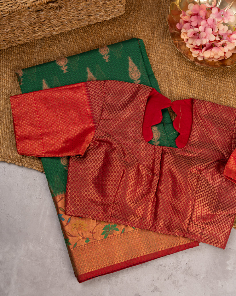 Bottle Green Banarasi Kota Saree with Copper Zari and Kaduwa butties & Tifli Maroon Borders & Maroon Pattern Blouse in Size 38-44' | Free Shipping |