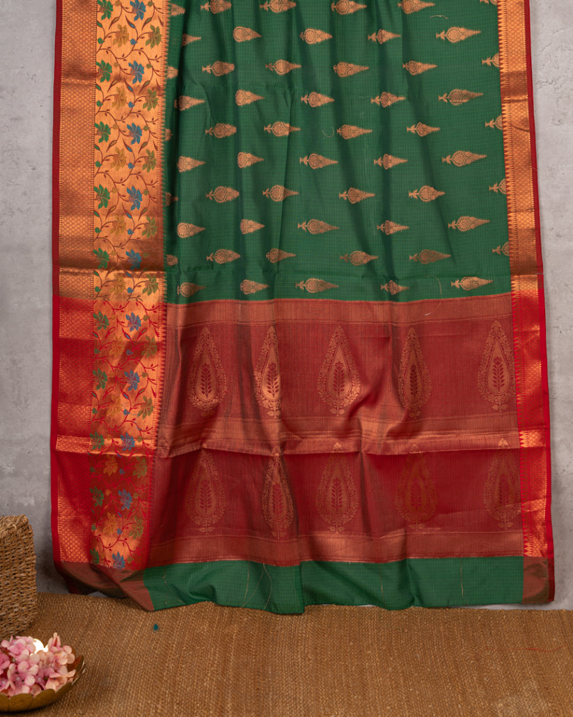 Bottle Green Banarasi Kota Saree with Copper Zari and Kaduwa butties & Tifli Maroon Borders & Maroon Pattern Blouse in Size 38-44' | Free Shipping |