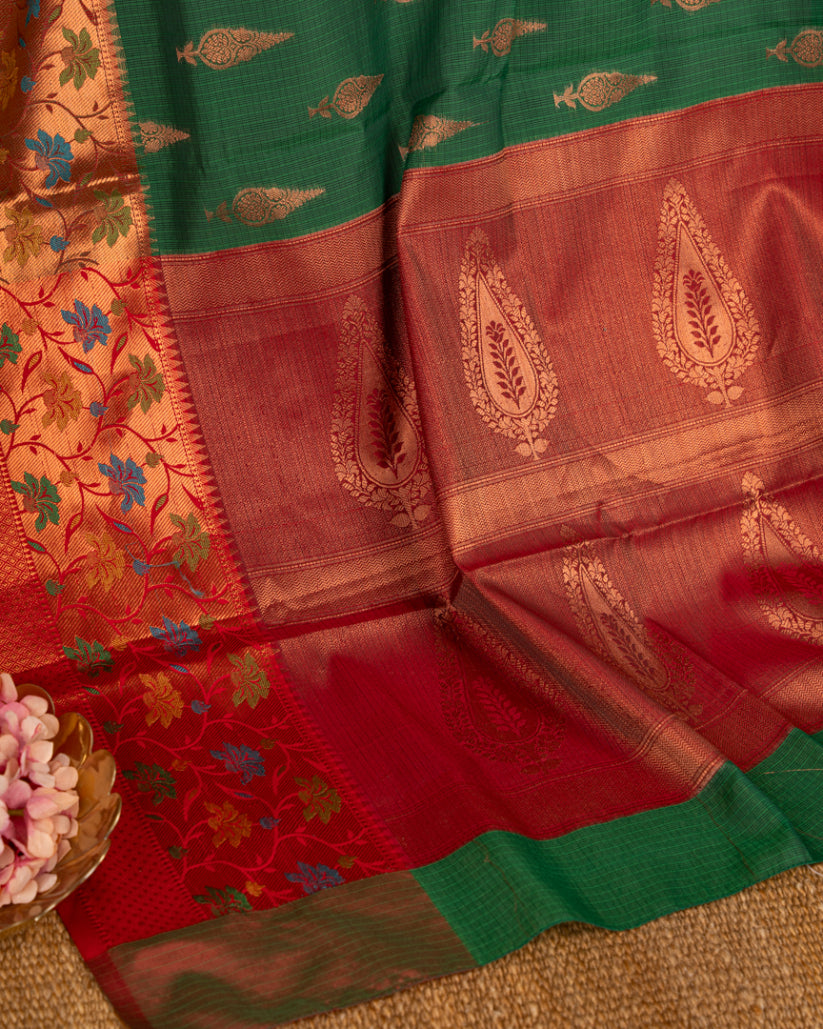 Bottle Green Banarasi Kota Saree with Copper Zari and Kaduwa butties & Tifli Maroon Borders & Maroon Pattern Blouse in Size 38-44' | Free Shipping |