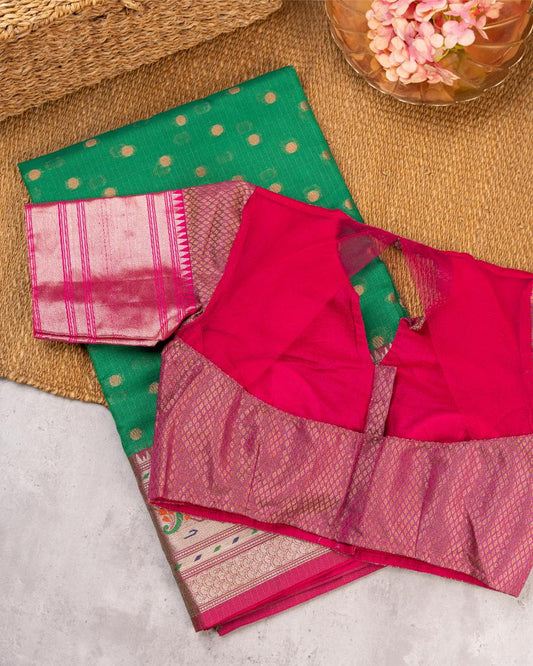 Bottle Green Kota Semi Silk with Paithani Brocade Borders Red & Red Patterened Banarasi Brocade Blouse | Blouse Size 38-44” | Free Shipping