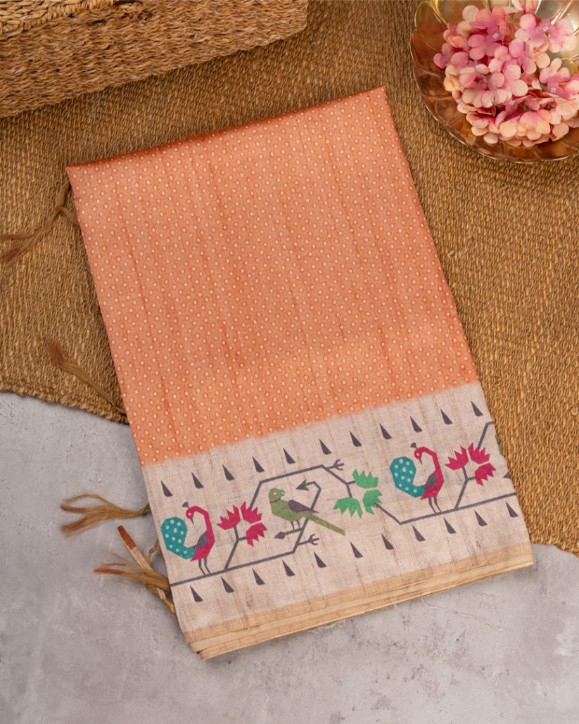 Brick Orange Semi Tassar Silk Saree with Paithani Brocade printed Borders & Pallu | Blouse Size 38-44” | Free Shipping