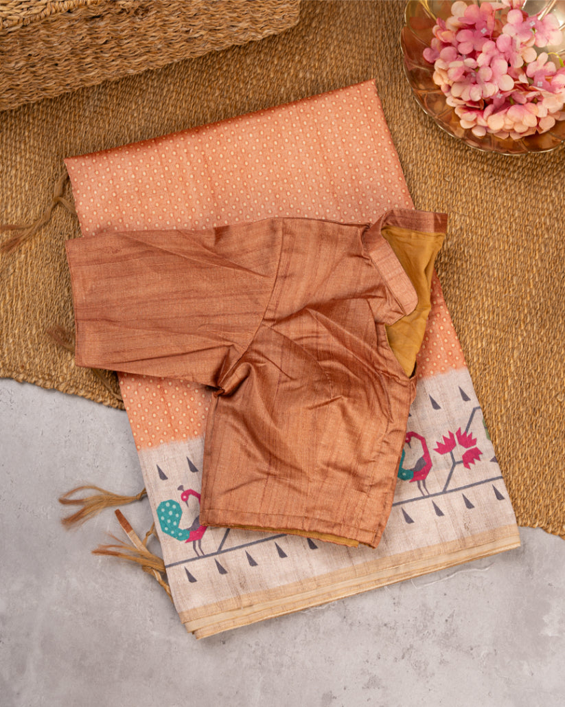 Brick Orange Semi Tassar Silk Saree with Paithani Brocade printed Borders & Pallu | Blouse Size 38-44” | Free Shipping